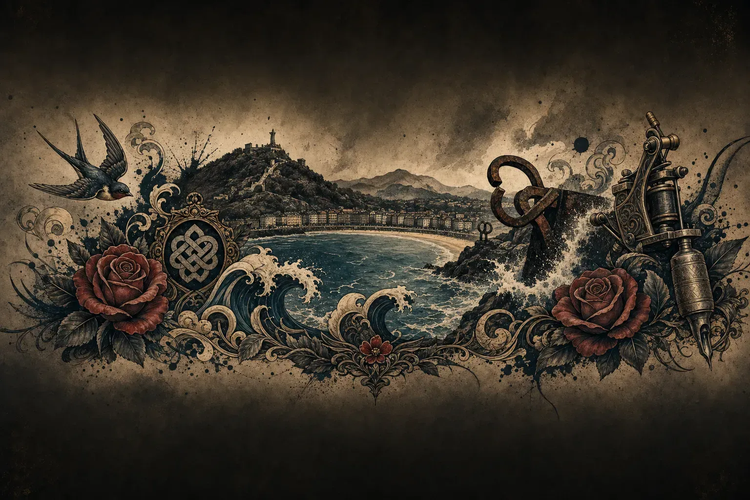 Ilustración artística estilo tatuaje de la ciudad de San Sebastián