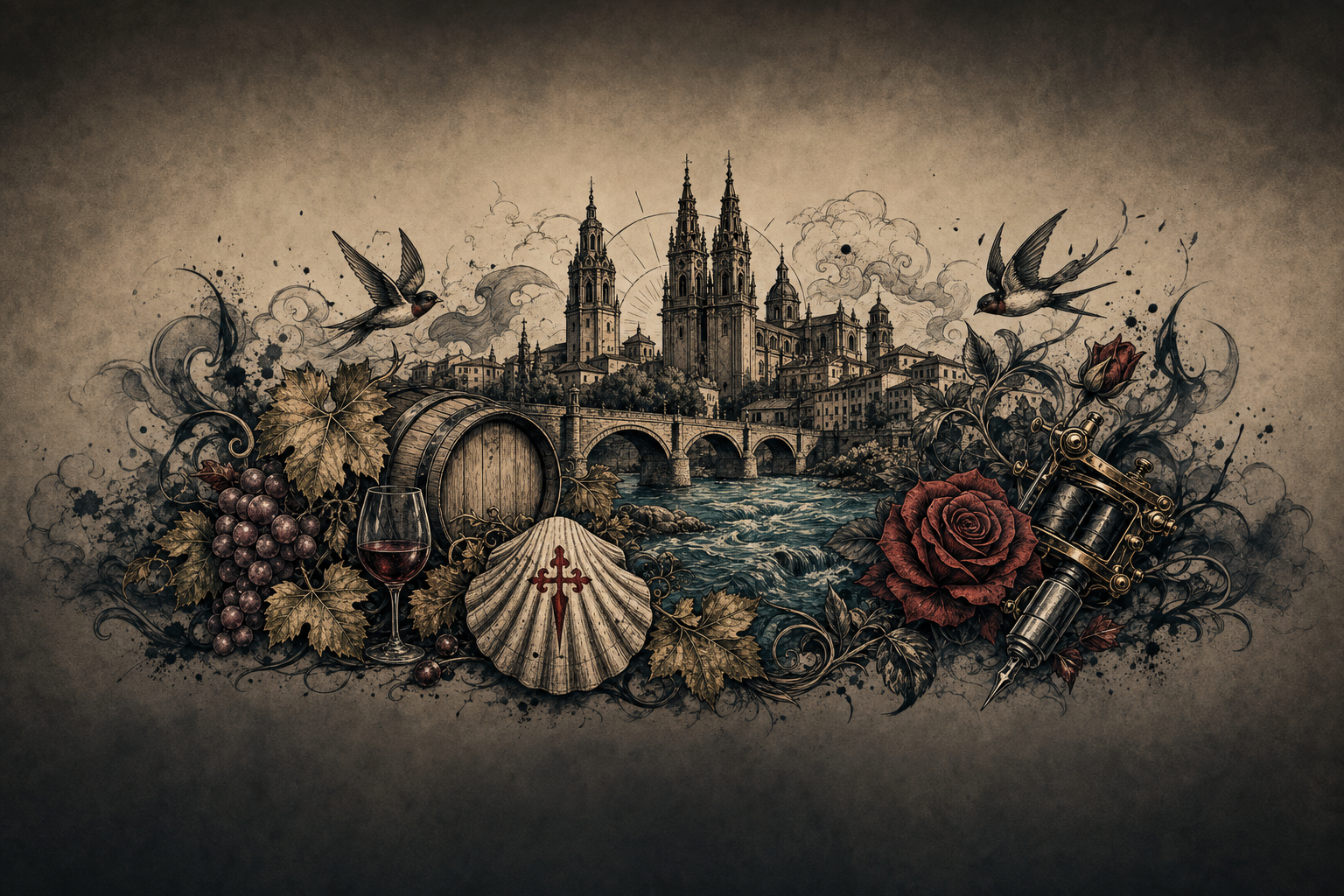 Ilustración artística estilo tatuaje de Logroño, la ciudad de referencia de Calahorra