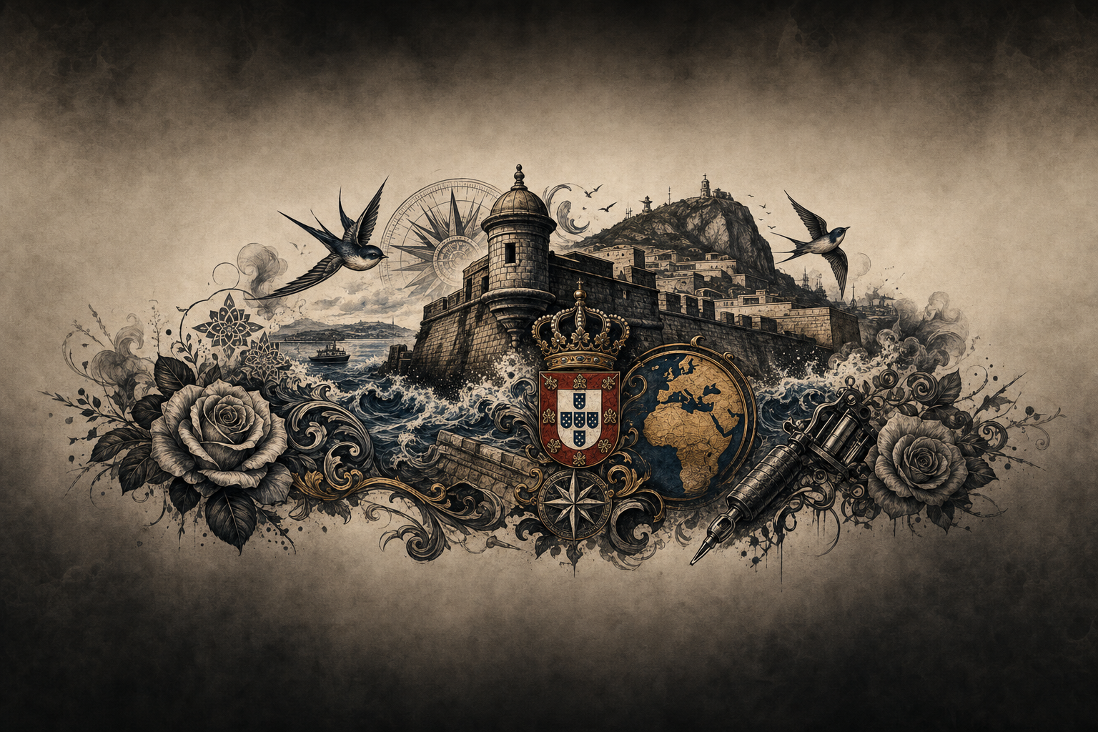 Ilustración artística estilo tatuaje de la ciudad de Ceuta