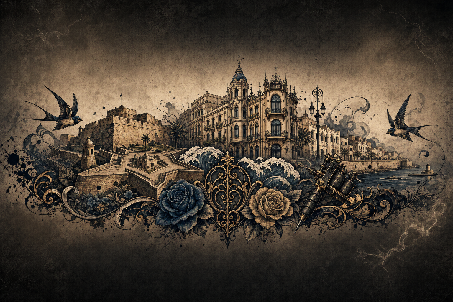 Ilustración artística estilo tatuaje de Melilla, Melilla