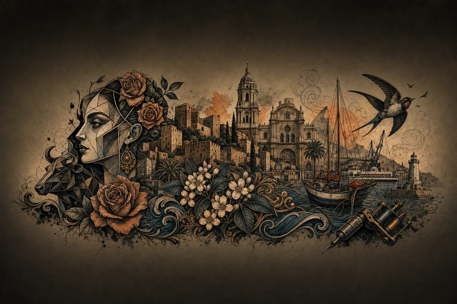 Ilustración artística estilo tatuaje de la ciudad de Málaga