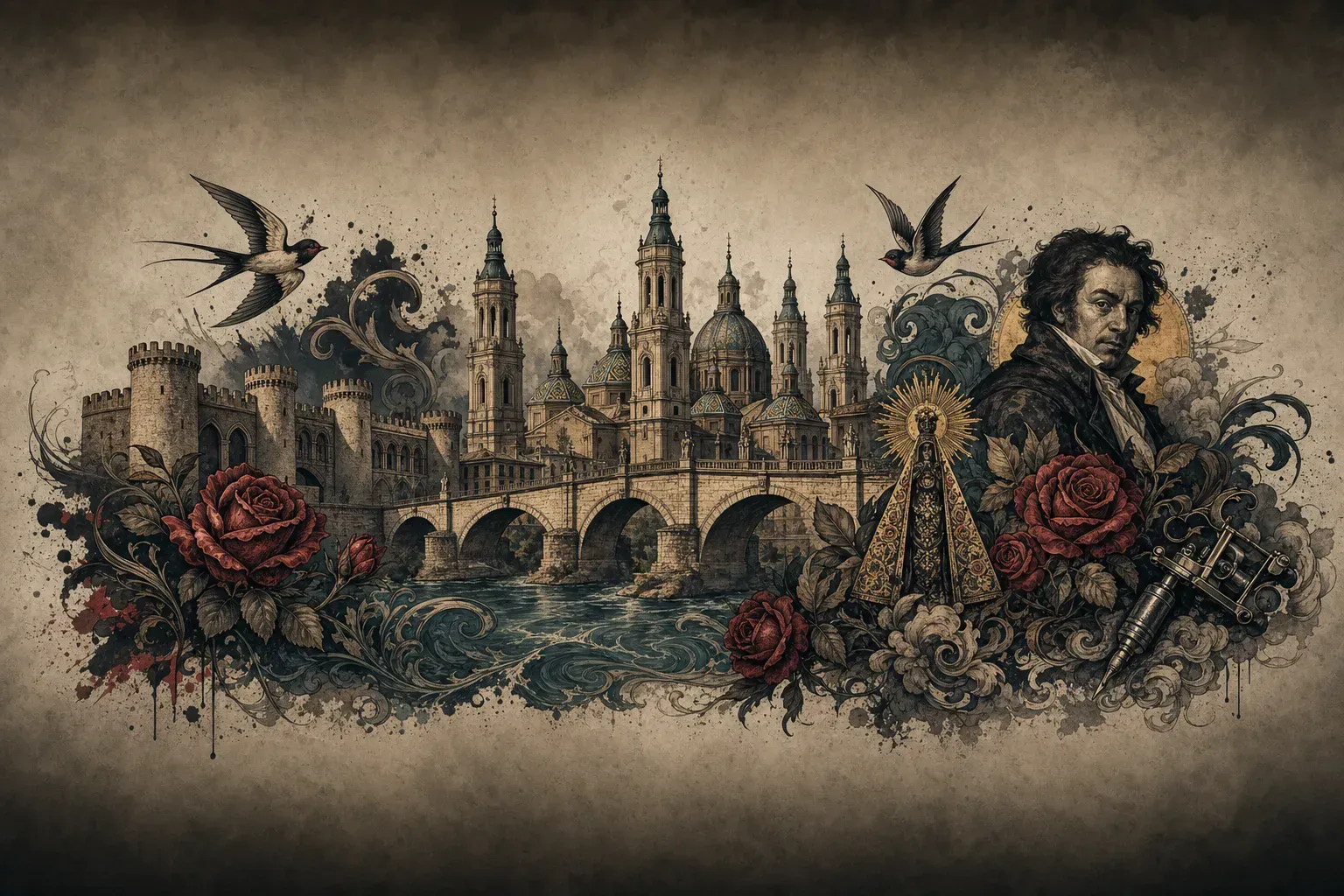 Ilustración artística estilo tatuaje de la ciudad de Zaragoza
