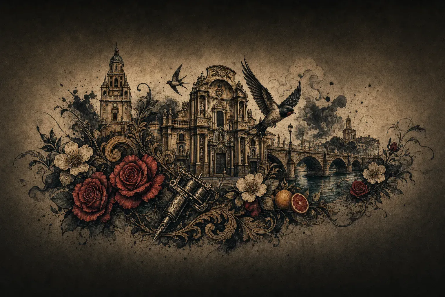 Ilustración artística estilo tatuaje de la ciudad de Murcia