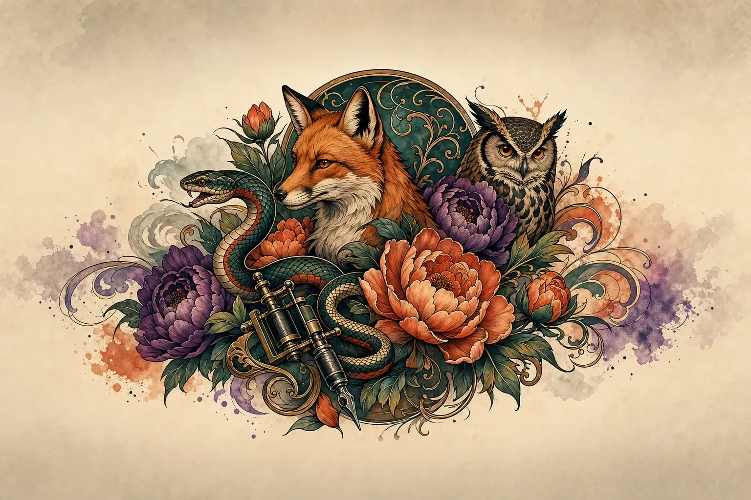 Escena artística representando el estilo de tatuaje Neotradicional