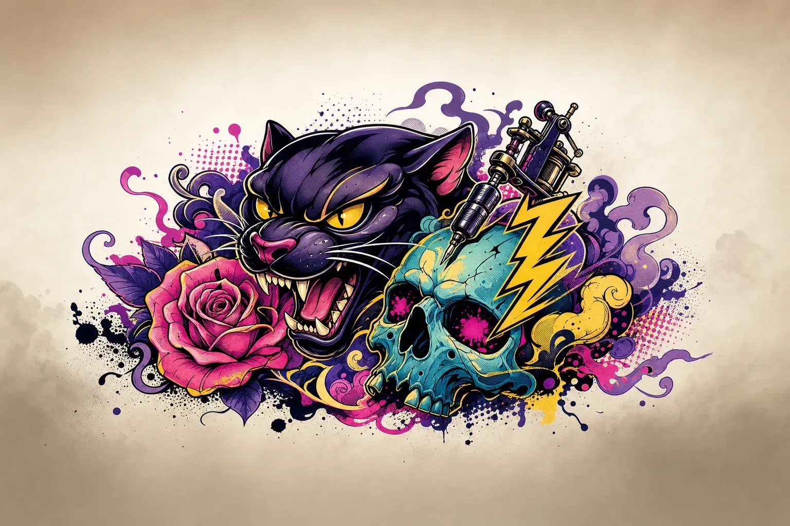 Escena artística representando el estilo de tatuaje New School