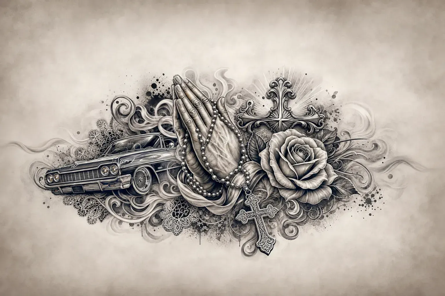 Escena artística representando el estilo de tatuaje Chicano