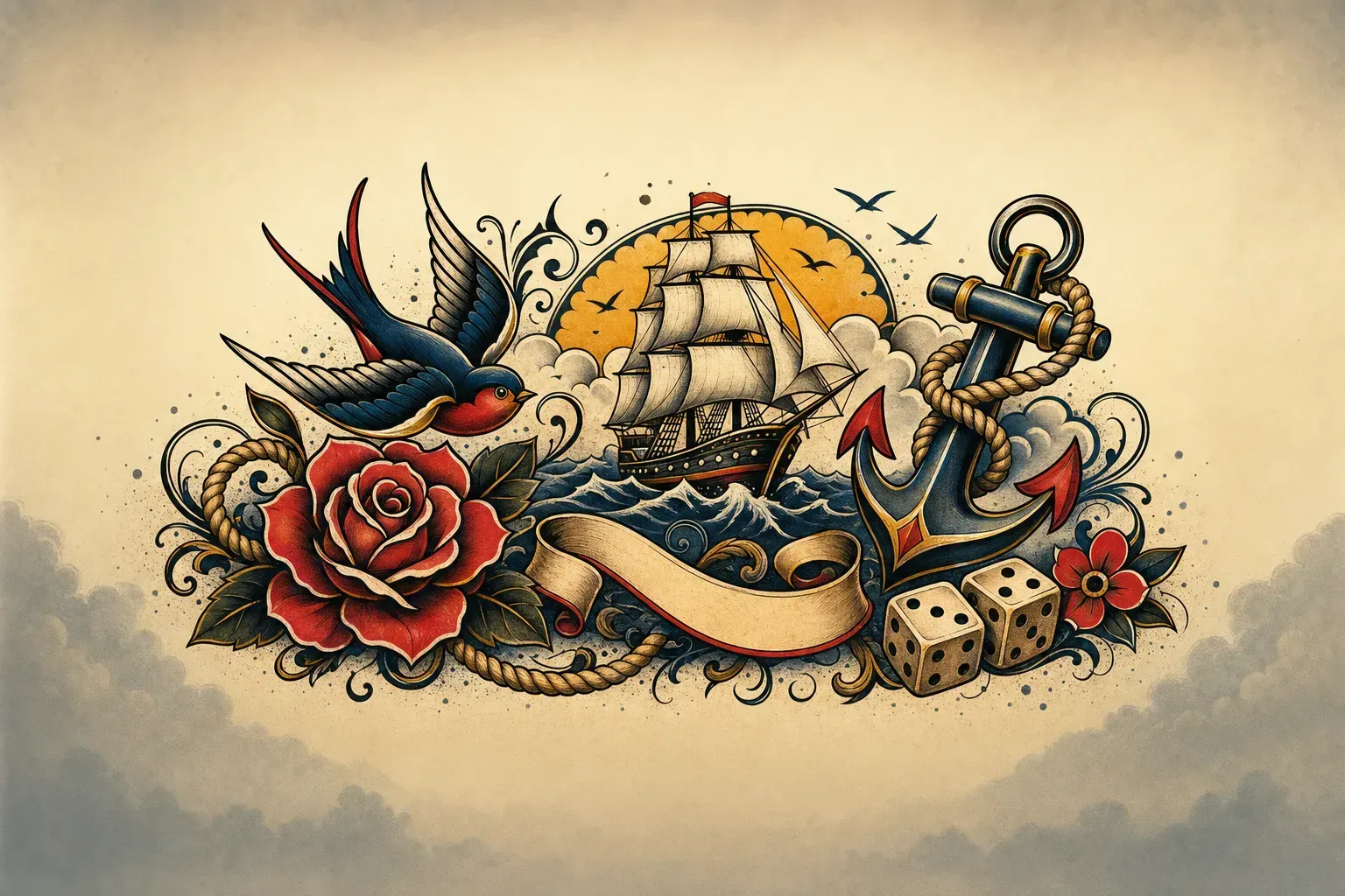 Escena artística representando el estilo de tatuaje Old School